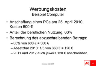 Vanessa MühlböckKinderfreibetragVoraussetzung: Kinder- oder Unterhaltsabsetzbetrag muss für mind. 7 Monate zustehenBeträgt 220 € jährlich für AlleinverdienerWird er von beiden Elternteilen beantragt, dann bekommt jeder 132 € jährlich