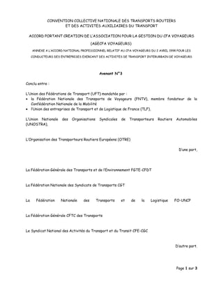 CONVENTION COLLECTIVE NATIONALE DES TRANSPORTS ROUTIERS
ET DES ACTIVITES AUXILIAIRES DU TRANSPORT
ACCORD PORTANT CREATION ...