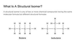 What Is A Structural Isomer?
A structural isomer is any of two or more chemical compounds having the same
molecular formula but different structural formulas