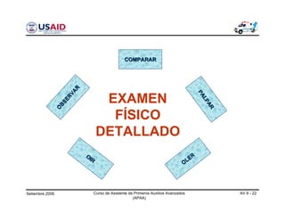 Setiembre 2006 Curso de Asistente de Primeros Auxilios Avanzados
(APAA)
AV 8 - 22
OLER
OLER
O
BSERVAR
O
BSERVAR
COMPARARCOMPARAR
PALPAR
PALPAR
OIR
OIR
EXAMEN
FÍSICO
DETALLADO
 
