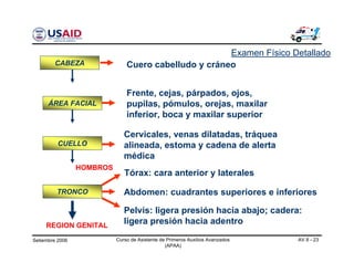 Setiembre 2006 Curso de Asistente de Primeros Auxilios Avanzados
(APAA)
AV 8 - 23
CABEZA Cuero cabelludo y cráneo
ÁREA FACIAL
CUELLO
TRONCO
HOMBROS
Frente, cejas, párpados, ojos,
pupilas, pómulos, orejas, maxilar
inferior, boca y maxilar superior
Cervicales, venas dilatadas, tráquea
alineada, estoma y cadena de alerta
médica
Pelvis: ligera presión hacía abajo; cadera:
ligera presión hacia adentro
Abdomen: cuadrantes superiores e inferiores
Tórax: cara anterior y laterales
Examen Físico Detallado
REGION GENITAL
 