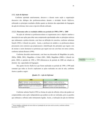 48




3.1.2. Ação do Informar
      Conforme apontado anteriormente, descrevo e discuto nesta seção a organização
discursiva dos diálogos dos professores-alunos durante a atividade Sessão Reflexiva,
enfocando os principais resultados obtidos quanto ao domínio das capacidades de linguagem
da ação do informar, bem como o tipo de reflexão enfocado.


3.1.2.1. Panorama sobre os resultados obtidos nos períodos de 1998 a 1999 e 2000
        Na ação do informar os professores-alunos se organizaram com o objetivo analisar a
descrição de suas ações para obter uma compreensão aprofundada sobre os princípios teóricos
que embasaram a prática docente, com base na definição de conceitos, conforme salientam
Smyth (1992) e Liberali (no prelo). Assim, o professor do módulo e os professores-alunos
procuraram criar contextos que propiciassem a identificação dos princípios que regem o ato
de ensinar e assim desmarcar as premissas que regem esse ato com base em senso comum,
conforme salienta Romero (1998).
        Conforme discutido anteriormente, com base nas discussões de Magalhães (no prelo,
2002a, 2000b, 2001), Magalhães e Celani (2001, 2000), Magalhães (2000) e Liberali (no
                                                                                                                 Comentário: Ver se estão todos
prelo, 2003), o período de 1998 a 1999 diferencia-se do período de 2000 em relação ao                            na bibliografia

domínio das capacidades de linguagem.
        Das quatro Sessões Reflexivas que foram analisadas no período de 1998 a 1999 pude
constatar que todas as Sessões explicaram as ações realizadas em sala de aula, conforme
ilustra o quadro a seguir:

                                      Quadro 16 – Ação do Informar

                                 1998                                            1999
             Dupla 1 informou as ações com base na          Dupla 1 informou as ações com base na
             rotulação de teorias de ensino-aprendizagem.   rotulação de teorias de ensino-aprendizagem.
             Dupla 2 informou as ações sem rotulação de     Dupla 1 informou as ações com base na
             ensino-aprendizagem.                           rotulação de teorias de ensino-aprendizagem.


        Conforme salienta Smyth (1992) as formas de ação da reflexão crítica não podem ser
compreendidas como ações independentes que podem ou não ser realizadas, pois as questões
que embasam a reflexão estão intimamente ligadas. Assim, a realização da ação do informar



23
  Neste trabalho a definição de texto refere-se à produção de um texto oral ou escrito, conforme salienta
Bronckart (1997/1999).
 