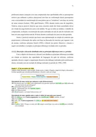 51




professores-alunos começam a ter uma compreensão mais aprofundada sobre os pressupostos
teóricos que embasam a prática educacional com base na confrontação desses pressupostos
com a necessidade de transformação de uma prática que se “cristalizou” com base em teorias
de senso comum (Luckesi, 1994, apud Romero, 1998), durante muitos anos de magistério.
Todavia, torna-se possível observar que esses conceitos ainda não foram assimilados talvez
em virtude da carga horária do curso e do módulo. No que se refere ao módulo, o trabalho de
compreensão, avaliação e reconstrução das ações realizadas em sala de aula foi realizado com
base em uma carga horária total de 30 horas durante a realização do curso nos dois períodos.
       Assim, é possível concluir que houve uma oportunização na criação de contextos que
propiciassem a informação das ações com base na discussão de conceitos que regeram o ato
de ensinar, conforme salientam Smyth (1992) e Liberali (no prelo). Descrevo e discuto a
seguir com detalhes e exemplos as principais diferenças reveladas entre os períodos.


3.1.2.2. Descrição e discussão detalhada sobre as principais diferenças entre os períodos
       Com o objetivo de descrever e discutir com detalhes as principais diferenças reveladas
em relação ao domínio das capacidades de linguagem da ação do informar, conforme
apontado, discuto a seguir a organização discursiva dos diálogos realizados pelos professores-
alunos, iniciando com um exemplo de diálogo realizado no período de 1998 a 1999:


Dupla 1 – 27 de novembro de 1998:
Ângela e Beth discutem a aula de Beth. Sendo assim, é dado à Ângela o papel de dirigir a discussão e
levantar questões que considera problemáticas e discutir a aula sua colega.

                                                Tabela de cores
                 Pretérito Perfeito , Presente, Pretérito Imperfeito, Expressões Avaliativas


[Introdução de tema: teoria que embasou a ação (behaviorismo)]
A9: Da maneira que você deu a aula enfatizando essa questão repetição você acha que está embasada
      em qual teoria da aprendizagem?
B9: [ Pensando] Em qual teoria?!
A10: É... [afirmando] que eles repetem, repete...
B10: Ah! Behaviorismo.
A11: É [afirmando e sorrindo] behaviorismo, né?

[Introdução de tema: opinião sobre a aula (é válido, foi uma aula entre tantas)]
B11: Eu acho que sim, Contra-argumenta: mas eu acho que é válido, também, ou não?
A11: Você acha....
B11: Não, não. Contra-argumenta: Eu acho que foi uma aula entre tantas...
A12: Sei...
B12: Explica: Sabe? Porque as aulas não são sempre assim é que essa aula eu escolhi para trabalhar
     essa oralidade.
 