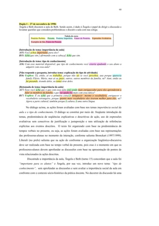 60




Dupla 1 – 27 de novembro de 1998:
Ângela e Beth discutem a aula de Beth. Sendo assim, é dado à Ângela o papel de dirigir a discussão e
levantar questões que considera problemáticas e discutir a aula com sua colega.

                                                    Tabela de cores
           Pretérito Perfeito, Presente, Pretérito Imperfeito, Futuro do Pretérito, Expressões Avaliativas,
           Exemplos de fala, Futuro do Presente


[Introdução de tema: importância da aula]
A15: Você achou importante para eles?
B15: Acho que sim [ afirmando com a cabeça] Acho que sim.

[Introdução de tema: tipo de conhecimento]
A16: Com esse material disponível, que tipo de conhecimento você estaria ajudando o seu aluno a
      adquirir com essa aula?

[Não responde a pergunta, introduz tema: explicação do tipo de atividade]
B16: Explica: Tá, então, aí eu trabalhei, porque não sei se você percebeu, aaa porque aparecia
      family Flávio, Mário, mas aí eu puxei, outros, outros membros da família, né? Aunt, então eu
      fui puxando, tirando deles, eu tentei tirar deles.

[Retomada de tema: importância da aula]
A17: Eeee você acha que o que com essa aula está sendo mais enriquecedor para eles aprenderem a
     falar os membros da família o que vai ajuda-los mais com essa tática?
B17: Explica: É eu acho que a primeira coisa é enriquecer mesmo o vocabulário, enriquecer o
      vocabulário estrangeiro, porque quanto mais vocabulário eles tiverem melhor para eles, né?
      Agora a parte cultural, também porque é cultura, é uma outra língua.

      No diálogo acima, as ações foram avaliadas com base nos temas importância social da
aula e o tipo de conhecimento. O diálogo se constitui por meio de: freqüente introdução de
temas, predominância de seqüências explicativas e descritivas de ação, uso de expressões
avaliativas sem conectivos de justificação e justaposição e rara utilização de referências
explícitas aos eventos descritos. O texto foi organizado com base na predominância de
tempos verbais no presente, ou seja, as ações foram avaliadas com base nas representações
das professoras-alunas no momento da interação, conforme salienta Bronckart (1997/1999).
Liberali (no prelo) salienta que na ação do confrontar a organização lingüístico-discursiva
deve ser realizada com base no tempo verbal do presente, pois esse é o momento em que os
professores-alunos devem aprofundar as discussões com base na apresentação de pontos de
vista relacionados às ações descritas.
       Discutindo a importância da aula, Ângela e Beth (turno 15) concordam que a aula foi
“importante para os alunos” e Ângela, por sua vez, introduz um novo tema: “tipo de
conhecimento”, sem aprofundar as discussões e sem avaliar a importância social da aula em
confronto com o contexto sócio-histórico da prática docente. No decorrer da discussão há uma
 
