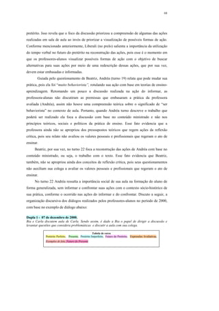 68




pretérito. Isso revela que o foco da discussão priorizou a compreensão de algumas das ações
realizadas em sala de aula ao invés de priorizar a visualização de possíveis formas de ação.
Conforme mencionado anteriormente, Liberali (no prelo) salienta a importância da utilização
do tempo verbal no futuro do pretérito na reconstrução das ações, pois esse é o momento em
que os professores-alunos visualizar possíveis formas de ação com o objetivo de buscar
alternativas para suas ações por meio de uma redescrição dessas ações, que por sua vez,
devem estar embasadas e informadas.
       Guiada pelo questionamento de Beatriz, Andréa (turno 19) relata que pode mudar sua
prática, pois ela foi “muito behaviorista”, rotulando sua ação com base em teorias de ensino-
aprendizagem. Retomando um pouco a discussão realizada na ação do informar, as
professora-alunas não discutiram as premissas que embasaram a prática da professora
avaliada (Andréa), assim não houve uma compreensão teórica sobre o significado de “ser
behaviorista” no contexto de aula. Portanto, quando Andréa turno descreve o trabalho que
poderá ser realizado ela foca a discussão com base no conteúdo ministrado e não nos
princípios teóricos, sociais e políticos da prática de ensino. Esse fato evidencia que a
professora ainda não se apropriou dos pressupostos teóricos que regem ações da reflexão
crítica, pois seu relato não avaliou os valores pessoais e profissionais que regeram o ato de
ensinar.
     Beatriz, por sua vez, no turno 22 foca a reconstrução das ações de Andréa com base no
conteúdo ministrado, ou seja, o trabalho com o texto. Esse fato evidencia que Beatriz,
também, não se apropriou ainda dos conceitos de reflexão crítica, pois seus questionamentos
não auxiliam sua colega a avaliar os valores pessoais e profissionais que regeram o ato de
ensinar.
     No turno 22 Andréa ressalta a importância social de sua aula na formação do aluno de
forma generalizada, sem informar e confrontar suas ações com o contexto sócio-histórico de
sua prática, conforme o ocorrido nas ações do informar e do confrontar. Discuto a seguir, a
organização discursiva dos diálogos realizados pelos professores-alunos no período de 2000,
com base no exemplo de diálogo abaixo:

Dupla 1 - 07 de dezembro de 2000.
Bia e Carla discutem aula de Carla. Sendo assim, é dado a Bia o papel de dirigir a discussão e
levantar questões que considera problemáticas e discutir a aula com sua colega.

                                                     Tabela de cores
            Pretérito Perfeito, Presente, Pretérito Imperfeito, Futuro do Pretérito, Expressões Avaliativas,
            Exemplos de fala, Futuro do Presente
 