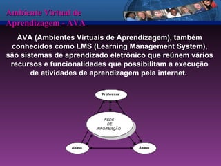 Ambiente Virtual de Aprendizagem - AVA AVA (Ambientes Virtuais de Aprendizagem), também conhecidos como LMS (Learning Management System), são sistemas de aprendizado eletrônico que reúnem vários recursos e funcionalidades que possibilitam a execução de atividades de aprendizagem pela internet.  