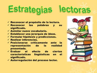  Reconocer el propósito de la lectura.
 Reconocer las palabras y su
significado.
 Asimilar nuevo vocabulario.
 Establecer una jerarquía de ideas.
 Formular hipótesis y predicciones.
 Realizar inferencias.
 Posicionarse críticamente ante la
representación de la realidad
presentada.
 Evaluar el efecto de ciertas
características lingüísticas en el
significado.
 Autorregulación del proceso lector.
 