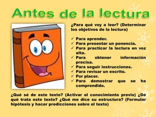 ¿Para qué voy a leer? (Determinar
los objetivos de la lectura)
 Para aprender.
 Para presentar un ponencia.
 Para practicar la lectura en voz
alta.
 Para obtener información
precisa.
 Para seguir instrucciones.
 Para revisar un escrito.
 Por placer.
 Para demostrar que se ha
comprendido.
¿Qué sé de este texto? (Activar el conocimiento previo) ¿De
qué trata este texto? ¿Qué me dice su estructura? (Formular
hipótesis y hacer predicciones sobre el texto)
 