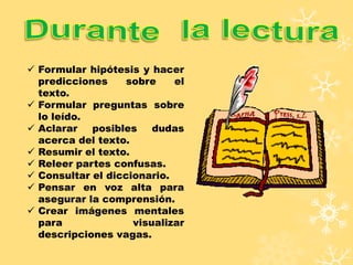  Formular hipótesis y hacer
predicciones sobre el
texto.
 Formular preguntas sobre
lo leído.
 Aclarar posibles dudas
acerca del texto.
 Resumir el texto.
 Releer partes confusas.
 Consultar el diccionario.
 Pensar en voz alta para
asegurar la comprensión.
 Crear imágenes mentales
para visualizar
descripciones vagas.
 