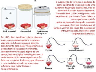 O surgimento de vermes em pedaços de
carne apodrecida era considerado uma
evidência da geração espontânea. Pois ali
os vermes nasciam espontaneamente.
Francesco Redi (1626-1697) provou pelo
experimento que isso era falso. Deixou a
carne apodrecer em três
potes, destampado, tampado e coberto
com gaze. Com isso concluiu que só
surgiam vermes por causa das moscas que
entravam no pote. Os vermes eram
originários das moscas.
Em 1745, Jhon Needham colocou diversos
sucos, como caldo de galinha e extratos
vegetais em tubos de ensaio e aqueceu
brandamente para matar microorganismos.
Depois fechou e aqueceu novamente.
Verificou no microscópio depois de um
tempo, haviam surgido microorganismos. A
maior contestação a esse experimento foi
feita por um padre Spallazani, que disse que
o tubo inicialmente não foi aquecido o
suficiente para matar todos os
microorganismos.
 