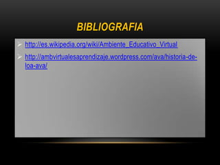 BIBLIOGRAFIA
 http://es.wikipedia.org/wiki/Ambiente_Educativo_Virtual
 http://ambvirtualesaprendizaje.wordpress.com/ava/historia-de-
loa-ava/
 
