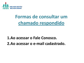 Formas de consultar um
chamado respondido
1.Ao acessar o Fale Conosco.
2.Ao acessar o e-mail cadastrado.

 