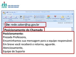De: rede.saber@sp.gov.br
Posicionamento do Chamado
Posicionamento:
Prezada Professora,
Encaminhamos sua mensagem para a equipe responsável.
Em breve você receberá o retorno, aguarde.
Atenciosamente,
Equipe de Suporte

 