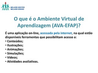 O que é o Ambiente Virtual de
Aprendizagem (AVA-EFAP)?
É uma aplicação on-line, acessada pela internet, na qual estão
disponíveis ferramentas que possibilitam acesso a:
• Conteúdos;
• Ilustrações;
• Animações;
• Simulações;
• Vídeos;
• Atividades avaliativas.

 