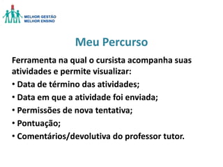 Meu Percurso
Ferramenta na qual o cursista acompanha suas
atividades e permite visualizar:
• Data de término das atividades;
• Data em que a atividade foi enviada;
• Permissões de nova tentativa;
• Pontuação;
• Comentários/devolutiva do professor tutor.

 