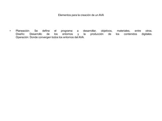 Elementos para la creación de un AVA
• Planeación: Se define el programa a desarrollar, objetivos, materiales, entre otros.
Diseño: Desarrollo de los entornos y la producción de los contenidos digitales.
Operación: Donde convergen todos los entornos del AVA.
 