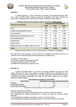 SECRETARIA DE ESTADO DE EDUCAÇÃO DE MINAS GERAIS
Superintendência Regional de Ensino de Varginha
Diretoria Educacional - DIRE - Equipe Pedagógica
Superintendência Regional de Ensino de Varginha, MG - Ciências Página 6
Questão 9
O ‘Aedes aegypti’ é o vetor transmissor da dengue. Uma pesquisa feita em São
Luís – MA, de 2000 a 2002, mapeou os tipos de reservatório onde esse mosquito era
encontrado. A tabela adiante mostra parte dos dados coletados nessa pesquisa.
Principais tipos de reservatórios onde se encontra o Aedes aegypti
Tipos de reservatórios
População de Aedes aegypti
2000 2001 2002
Pneu 895 1.658 974
Tambor/tanque/depósito de barro 6.855 46.444 32.787
Vaso de planta 456 3.191 1.399
Material de construção/peça de carro 271 436 276
Garrafa/lata/plástico 675 2.100 1.059
Poço/cisterna 44 428 275
Caixa d’ água 248 1.689 1.014
Recipiente natural, armadilha, piscina e outros 615 2.658 1.178
Total 10.059 58.604 38.962
Caderno de Saúde Pública, vol. 20, nº 5, Rio de Janeiro, out/2004 (com adaptações).
De acordo com essa pesquisa, o alvo inicial para a redução mais rápida dos focos do
mosquito vetor da dengue nesse município deveria ser constituído por:
(a) Pneus e caixas d’água.
(b) Tambores, tanques e depósitos de barro.
(c) Vasos de plantas, poços e cisternas.
(d) Materiais de construção e peças de carro.
Questão 10
A partir da energia solar, há um fluxo de energia constante, ao longo de cada
cadeia alimentar. Os seres vivos utilizam a energia recebida para a realização de suas
atividades, sobrando menos energia para o nível trófico seguinte. A tabela abaixo mostra a
quantidade de energia armazenada em cada um dos níveis tróficos de uma cadeia
alimentar da Mata Atlântica.
Quantidade de energia por nível trófico
Nível trófico Quantidade de energia armazenada (kcal)
Produtor 14
Consumidor primário 1,5
Consumidor Secundário 0,17
Disponível em http://goo.gl/xsgkyz. Acesso em 29/07/2013
Assinale a alternativa CORRETA.
(a) A quantidade de energia armazenada é maior no nível do consumidor primário.
(b) A quantidade de energia armazenada é a mesma em todos os níveis da cadeia
alimentar.
(c) A quantidade de energia armazenada é menor no nível do produtor.
(d) A quantidade de energia armazenada é menor no nível do consumidor secundário.
 