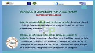 DESARROLLO DE COMPETENCIAS PARA LA INVESTIGACIÓN
COMPETENCIAS TECNOLÓGICAS
Selección y manejo de técnicas de recolección de datos: Aprender a discernir
cuándo y cómo usar las herramientas tecnológicas disponibles para datos
cuantitativos y cualitativos.
Utilización de software para el análisis de datos y presentación de
resultados: Uso de herramientas informáticas para el análisis y manejo de datos
cuantitativos y cualitativos, así como para su presentación. Software ATLAS/ti,
Ethnograph, Hyper-Research, Aquad, Nud-ist…, que ofrece múltiples ventajas
en la codificación, categorización, establecimiento de categorías
 