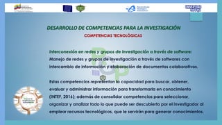 DESARROLLO DE COMPETENCIAS PARA LA INVESTIGACIÓN
Interconexión en redes y grupos de investigación a través de software:
Manejo de redes y grupos de investigación a través de softwares con
intercambio de información y elaboración de documentos colaborativos.
Estas competencias representan la capacidad para buscar, obtener,
evaluar y administrar información para transformarla en conocimiento
(INTEF, 2016); además de consolidar competencias para seleccionar,
organizar y analizar todo lo que puede ser descubierto por el investigador al
emplear recursos tecnológicos, que le servirán para generar conocimientos.
COMPETENCIAS TECNOLÓGICAS
 