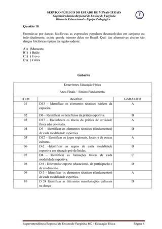 SERVIÇO PÚBLICO DO ESTADO DE MINAS GERAIS
Superintendência Regional de Ensino de Varginha
Diretoria Educacional – Equipe Pedagógica
Superintendência Regional de Ensino de Varginha, MG – Educação Física Página 4
Questão 10
Entende-se por danças folclóricas as expressões populares desenvolvidas em conjunto ou
individualmente, existe grande número delas no Brasil. Qual das alternativas abaixo são
danças folclóricas típicas da região sudeste:
A) ( )Maracatu
B) ( ) Baião
C) ( ) Frevo
D) ( ) Catira
Gabarito
Descritores Educação Física
Anos Finais – Ensino Fundamental
ITEM Descritor GABARITO
01 D13 – Identificar os elementos técnicos básicos da
capoeira.
A
02 D6 – Identificar os benefícios da prática esportiva. B
03 D17 – Reconhecer os riscos da prática de atividade
física não orientada.
A
04 D3 – Identificar os elementos técnicos (fundamentos)
de cada modalidade esportiva.
D
05 D12 – Identificar os jogos regionais, locais e de outras
culturas.
A
06 D-2 –Identificar as regras de cada modalidade
esportiva em situação pré-definidas.
B
07 D4 – Identificar as formações táticas de cada
modalidade esportiva.
C
08 D 8 - Diferenciar esporte educacional, de participação e
de rendimento.
D
09 D 3 - Identificar os elementos técnicos (fundamentos)
de cada modalidade esportiva.
A
10 D 24 Identificar as diferentes manifestações culturais
na dança
D
 