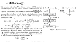 2. Methodology
It is necessary to describe AVA architecture because skillful techniques
cannot be applied into AVA without clear and solid architecture. The
key point to incorporate GAN into VAE is that the error
𝑎𝑑
′
𝑑 𝒙′
Ψ∗
1−𝑑 𝒙′
Ψ∗ of
generated data is included in both decoder and discriminator, besides
decoded data x’ which is output of decoder DNN becomes input of
discriminator DNN.
Φ 𝑖 = Φ 𝑖 + 𝛾 𝒙 𝑖 − 𝒙′
𝑖 +
𝑎𝑑
′
𝑑 𝒙′
Ψ∗
1 − 𝑑 𝒙′
Ψ∗ 𝑎𝑔
′
𝒙′
𝑖
Ψ = Ψ + 𝛾
𝑎𝑑
′
𝑑 𝒙 Ψ
𝑑 𝒙 Ψ
−
𝑎𝑑
′
𝑑 𝒙′
Ψ
1 − 𝑑 𝒙′ Ψ
AVA architecture (figure 2) follows an important aspect of VAE where
the encoder f(x | Θ) does not produce directly decoded data z as f(x | Θ)
= z. It actually produces mean vector μ(x) and covariance matrix Σ(x)
belonging to x instead. In this research, μ(x) and Σ(x) are flattened into
an array of neurons output layer of the encoder f(x | Θ).
𝑓 𝒙 Θ =
𝜇 𝒙
Σ 𝒙
→ 𝒛
13/09/2023 Loc Nguyen - ICBDC2024 - AVA 13
Figure 2. AVA architecture
 