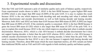 3. Experimental results and discussions
Note that VAE and GAN represent a pole of similarity quality and a pole of balance quality, respectively.
From experimental results shown in table 3, AVA5 is the best DGM because it gains highest BM mean
(0.2096) which is also larger than BM mean (0.2089) of the pole GAN. It is easy to explain this result
because AVA5 is the one which improves both decoding task and encoding task when it embeds both
decoder discriminator and encoder discriminator as well as both leaning decoder and leaning encoder.
Moreover, both AVA1 and AVA2 are better than GAN because their BM means (0.2093, 0.2092) are larger
than BM mean (0.2089) of GAN. If the similarity quality is concerned, AVA3 is the best DGM because it
gains the lowest BM mean (0.1202) which is also larger than BM mean (0.1207) of the pole VAE. It is
easy to explain this result because AVA3 is the one which improves encoding task when it embeds encoder
discriminator. Moreover, AVA1, which is a fair AVA because it embeds decoder discriminator but it does
not support leaning decoder, is better than the pole GAN whereas AVA3, which is a fair AVA because it
embeds encoder discriminator but it does not support leaning encoder, is better than the pole VAE. This
result is important because the best AVA5 is not a fair one because it supports both leaning decoder and
leaning encoder. Therefore, about BM mean which the most important metrics, all AVA variants are better
than traditional DGMs such as VAE and GAN with regards to both similarity quality and balance quality.
13/09/2023 Loc Nguyen - ICBDC2024 - AVA 27
 