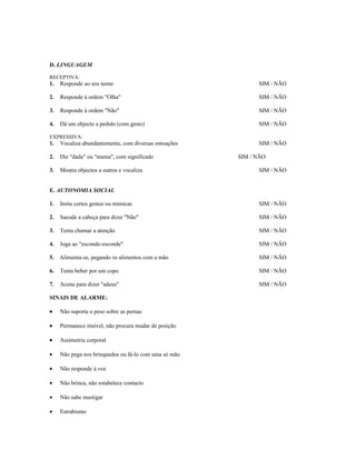 D. LINGUAGEM
RECEPTIVA:

1.

Responde ao seu nome

SIM / NÃO

2.

Responde à ordem "Olha"

SIM / NÃO

3.

Responde à ordem "Não"

SIM / NÃO

4.

Dá um objecto a pedido (com gesto)

SIM / NÃO

EXPRESSIVA:

1.

Vocaliza abundantemente, com diversas entoações

2.

Diz "dada" ou "mama", com significado

3.

Mostra objectos a outros e vocaliza

SIM / NÃO
SIM / NÃO
SIM / NÃO

E. AUTONOMIA SOCIAL
1.

Imita certos gestos ou mímicas

SIM / NÃO

2.

Sacode a cabeça para dizer "Não"

SIM / NÃO

3.

Tenta chamar a atenção

SIM / NÃO

4.

Joga ao "esconde-esconde"

SIM / NÃO

5.

Alimenta-se, pegando os alimentos com a mão

SIM / NÃO

6.

Tenta beber por um copo

SIM / NÃO

7.

Acena para dizer "adeus"

SIM / NÃO

SINAIS DE ALARME:
•

Não suporta o peso sobre as pernas

•

Permanece imóvel, não procura mudar de posição

•

Assimetria corporal

•

Não pega nos brinquedos ou fá-lo com uma só mão

•

Não responde à voz

•

Não brinca, não estabelece contacto

•

Não sabe mastigar

•

Estrabismo

 