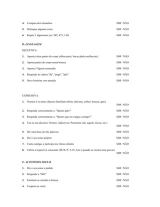 4.

Compara dois tamanhos

SIM / NÃO

5.

Distingue algumas cores

SIM / NÃO

6.

Repete 3 algarismos (ex: 982; 475; 136)

SIM / NÃO

D. LINGUAGEM
RECEPTIVA:
1.

Aponta várias partes do corpo (olhos;nariz; boca;cabelo;orelhas;etc)

SIM / NÃO

2.

Aponta partes do corpo numa boneca

SIM / NÃO

3.

Aponta 5 figuras nomeadas

SIM / NÃO

4.

Responde às ordens "dá", "pega", "põe"

SIM / NÃO

5.

Ouve histórias com atenção

SIM / NÃO

EXPRESSIVA:
1.

Nomeia 6 ou mais objectos familiares (bola; chávena; colher; boneca; gato)
SIM / NÃO

2.

Responde correctamente a: "Queres pão?"

SIM / NÃO

3.

Responde correctamente a: "Queres que me zangue contigo?"

SIM / NÃO

4.

Usa no seu discurso: Nomes; Adjectivos; Pronomes (ele, aquele, nós,tu, etc.)
SIM / NÃO

5.

Diz uma frase de três palavras

SIM / NÃO

6.

Diz o seu nome próprio

SIM / NÃO

7.

Canta cantigas e participa nos ritmos infantis

SIM / NÃO

8.

Utiliza a respectiva consoante (M; B; P; T; D; J;etc.) quando se mostra uma gravura
SIM / NÃO

E. AUTONOMIA SOCIAL
1.

Diz o seu nome a pedido

SIM / NÃO

2.

Responde a "Olá!"

SIM / NÃO

3.

Entretém-se sózinho a brincar

SIM / NÃO

4.

Coopera no vestir

SIM / NÃO

 