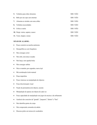5.

Verbaliza para obter alimentos

SIM / NÃO

6.

Bebe por um copo sem entornar

SIM / NÃO

7.

Alimenta-se sózinho com uma colher

SIM / NÃO

8.

Verbaliza necessidades

SIM / NÃO

9.

Utiliza a sanita

SIM / NÃO

10. Despe: meias; sapatos; casaco

SIM / NÃO

11. Veste: chapéu e meias

SIM / NÃO

SINAIS DE ALARME:
•

Pouco controlo na marcha autónoma

•

Desequilibra-se com frequência

•

Não consegue correr

•

Não sobe, nem desce escadas

•

Não lança, nem apanha bolas

•

Não consegue saltitar

•

Não se mantém, por segundos, num só pé

•

Má coordenação óculo-manual

•

Pinça imperfeita

•

Pouco interesse na manipulação de objectos

•

Fraca discriminação visual

•

Noção de permanência do objecto, ausente

•

Manipulação de apenas um objecto de cada vez

•

Fraca capacidade de manipulação nos jogos de encaixe e de enfiamento

•

Ausência dos conceitos de "grande", "pequeno", "dentro" e "fora"

•

Não identifica partes do corpo

•

Não compreende comandos do adulto

•

Discurso pobre em termos de vocabulário

 
