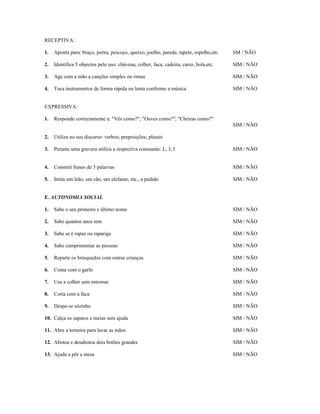 RECEPTIVA:
1.

Aponta para: braço, perna, pescoço, queixo, joelho, parede, tapete, espelho,etc.

SM / NÃO

2.

Identifica 5 objectos pelo uso: chávena, colher, faca, cadeira, carro, bola,etc.

SIM / NÃO

3.

Age com a mão a canções simples ou rimas

SIM / NÃO

4.

Toca instrumentos de forma rápida ou lenta conforme a música

SIM / NÃO

EXPRESSIVA:
1.

Responde correctamente a: "Vês como?"; "Ouves como?"; "Cheiras como?"
SIM / NÃO

2.

Utiliza no seu discurso: verbos; preposições; plurais

3.

Perante uma gravura utiliza a respectiva consoante: L, J, I

SIM / NÃO

4.

Constrói frases de 3 palavras

SIM / NÃO

5.

Imita um leão, um cão, um elefante, etc., a pedido

SIM / NÃO

E. AUTONOMIA SOCIAL
1.

Sabe o seu primeiro e último nome

SIM / NÃO

2.

Sabe quantos anos tem

SIM / NÃO

3.

Sabe se é rapaz ou rapariga

SIM / NÃO

4.

Sabe cumprimentar as pessoas

SIM / NÃO

5.

Reparte os brinquedos com outras crianças

SIM / NÃO

6.

Come com o garfo

SIM / NÃO

7.

Usa a colher sem entornar

SIM / NÃO

8.

Corta com a faca

SIM / NÃO

9.

Despe-se sózinho

SIM / NÃO

10. Calça os sapatos e meias sem ajuda

SIM / NÃO

11. Abre a torneira para lavar as mãos

SIM / NÃO

12. Abotoa e desabotoa dois botões grandes

SIM / NÃO

13. Ajuda a pôr a mesa

SIM / NÃO

 