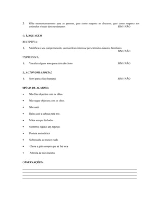 2.

Olha momentaneamente para as pessoas, quer como resposta ao discurso, quer como resposta aos
estímulos visuais dos movimentos
SIM / NÃO

D. LINGUAGEM
RECEPTIVA:
1.

Modifica o seu comportamento ou manifesta interesse por estímulos sonoros familiares
SIM / NÃO

EXPRESSIVA:
1.

Vocaliza alguns sons para além do choro

SIM / NÃO

E. AUTONOMIA SOCIAL
1.

Sorri para a face humana

SINAIS DE ALARME:
•

Não fixa objectos com os olhos

•

Não segue objectos com os olhos

•

Não sorri

•

Deixa cair a cabeça para trás

•

Mãos sempre fechadas

•

Membros rígidos em repouso

•

Postura assimétrica

•

Sobressalta ao menor ruído

•

Chora e grita sempre que se lhe toca

•

Pobreza de movimentos

OBSERVAÇÕES:

SIM / NÃO

 