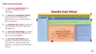 Cada curso consta de:
1. La zona de identificación del
usuario y notificación de
mensajes.
2. El menú de navegación lateral
que da acceso a los demás
participantes, las calificaciones y
otras opciones.
3. La cabecera del curso muestra el
nombre del curso y el menú de
navegación.
4. La zona de aprendizaje se divide
en secciones, y allí se ubican los
recursos y actividades.
5. La zona de información que
contiene distintas herramientas
informativas, herramientas de
gestión y configuración del Aula
Virtual
 