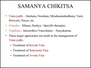 SAMANYA CHIKITSA
• Vatavyadhi – Snehana, Swedana, Mrudusamshodhana, Vasti,
Sirovasti, Nasya, etc.
• Charaka – Sthana, Dush...