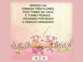MIMOSA CAI,
ESMAGA TRÊS FLORES,
POIS TOMBO DE VACA,
É TOMBO PESADO,
DEIXANDO POR BAIXO
O DEBAIXO AMASSADO.
 