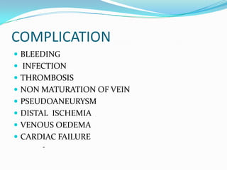 COMPLICATION
 BLEEDING
 INFECTION
 THROMBOSIS
 NON MATURATION OF VEIN
 PSEUDOANEURYSM
 DISTAL ISCHEMIA
 VENOUS OEDEMA
 CARDIAC FAILURE
-
 