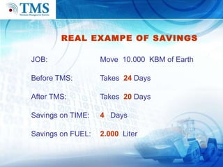 REAL EXAMPE OF SAVINGS JOB:   Move  10.000  KBM of Earth Before TMS:   Takes  24  Days After TMS:   Takes  20  Days Savings on TIME:    4   Days Savings on FUEL:    2.000   Liter 