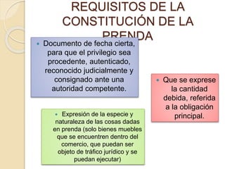 REQUISITOS DE LA
CONSTITUCIÓN DE LA
PRENDA Documento de fecha cierta,
para que el privilegio sea
procedente, autenticado,
reconocido judicialmente y
consignado ante una
autoridad competente.
 Expresión de la especie y
naturaleza de las cosas dadas
en prenda (solo bienes muebles
que se encuentren dentro del
comercio, que puedan ser
objeto de tráfico jurídico y se
puedan ejecutar)
 Que se exprese
la cantidad
debida, referida
a la obligación
principal.
 