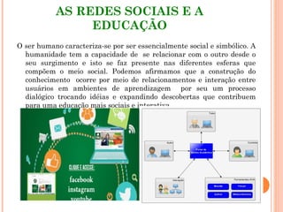 AS REDES SOCIAIS E A
EDUCAÇÃO
O ser humano caracteriza-se por ser essencialmente social e simbólico. A
humanidade tem a capacidade de  se relacionar com o outro desde o
seu surgimento e isto se faz presente nas diferentes esferas que
compõem o meio social. Podemos afirmamos que a construção do
conhecimento ocorre por meio de relacionamentos e interação entre
usuários em ambientes de aprendizagem por seu um processo
dialógico trocando idéias e expandindo descobertas que contribuem
para uma educação mais sociais e interativa.
 