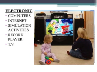 ELECTRONIC
• COMPUTERS
• INTERNET
• SIMULATION
  ACTIVITIES
• RECORD
  PLAYER
• T.V
 