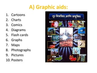 A) Graphic aids:
1. Cartoons
2. Charts
3. Comics
4. Diagrams
5. Flash cards
6. Graphs
7. Maps
8. Photographs
9. Pictures
10. Posters
 