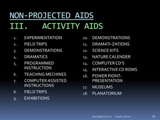 NON-PROJECTED AIDS
III. ACTIVITY AIDS
1. EXPERIMENTATION
2. FIELDTRIPS
3. DEMONSTRATIONS
4. DRAMATICS
5. PROGRAMMED
INSTRUCTION
6. TEACHING MECHINES
7. COMPUTERASSISTED
INSTRUCTIONS
8. FIELDTRIPS
9. EXHIBITIONS
10. DEMONSTRATIONS
11. DRAMATI-ZATIONS
12. SCIENCE KITS
13. NATURE CALENDER
14. COMPUTERCD’S
15. INTERACTIVECD ROMS
16. POWER PIONT-
PRESENTATION
17. MUSEUMS
18. PLANATORIUM
mgucte vaikom 68
diputr@gmail.com
 