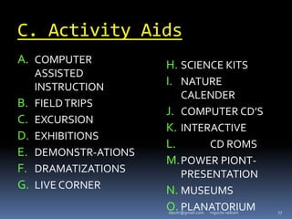 C. Activity Aids
A. COMPUTER
ASSISTED
INSTRUCTION
B. FIELDTRIPS
C. EXCURSION
D. EXHIBITIONS
E. DEMONSTR-ATIONS
F. DRAMATIZATIONS
G. LIVE CORNER
H. SCIENCE KITS
I. NATURE
CALENDER
J. COMPUTER CD’S
K. INTERACTIVE
L. CD ROMS
M.POWER PIONT-
PRESENTATION
N. MUSEUMS
O. PLANATORIUM
mgucte vaikom 77
diputr@gmail.com
 