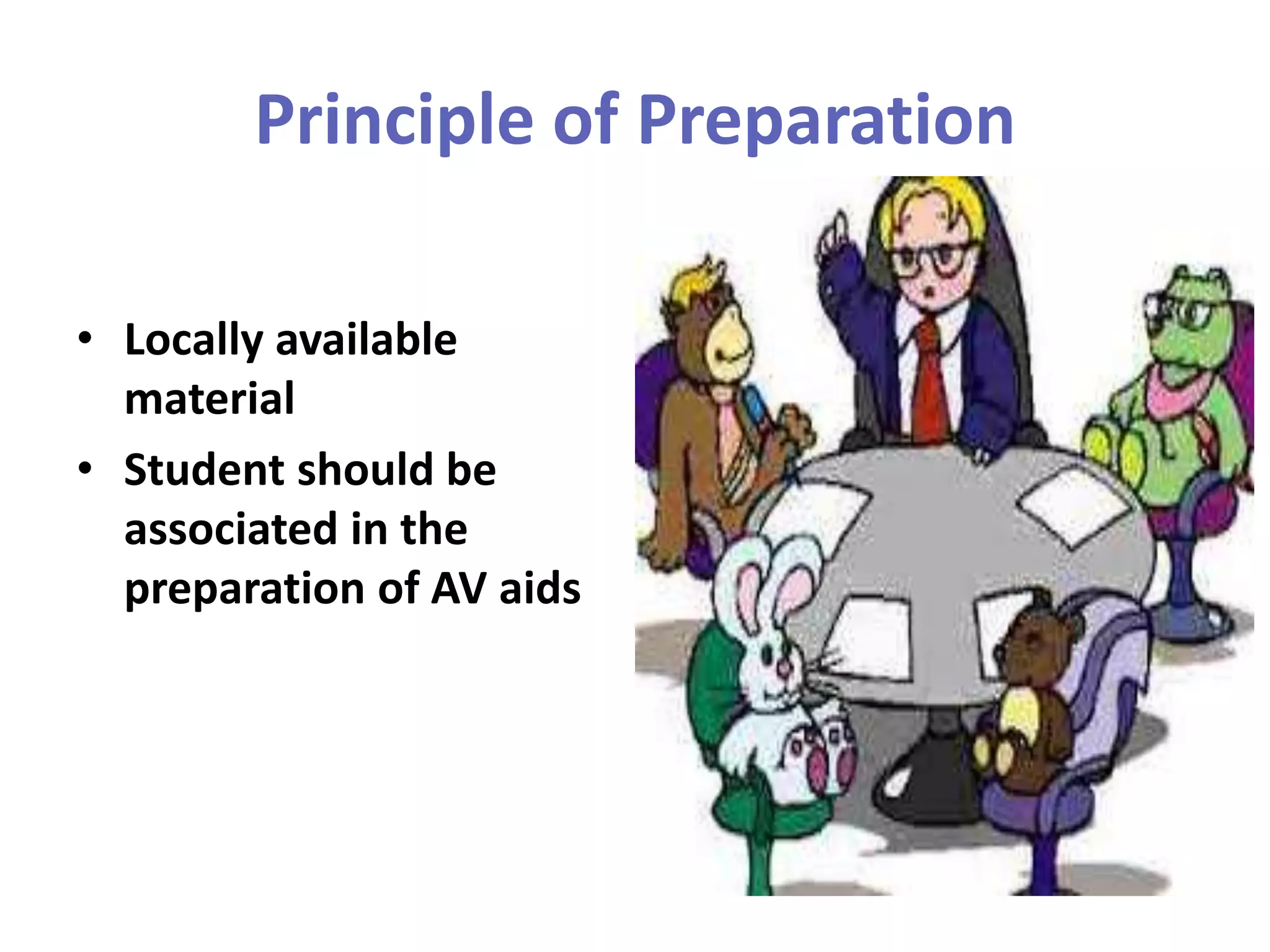 Principle of Preparation
• Locally available
material
• Student should be
associated in the
preparation of AV aids
 