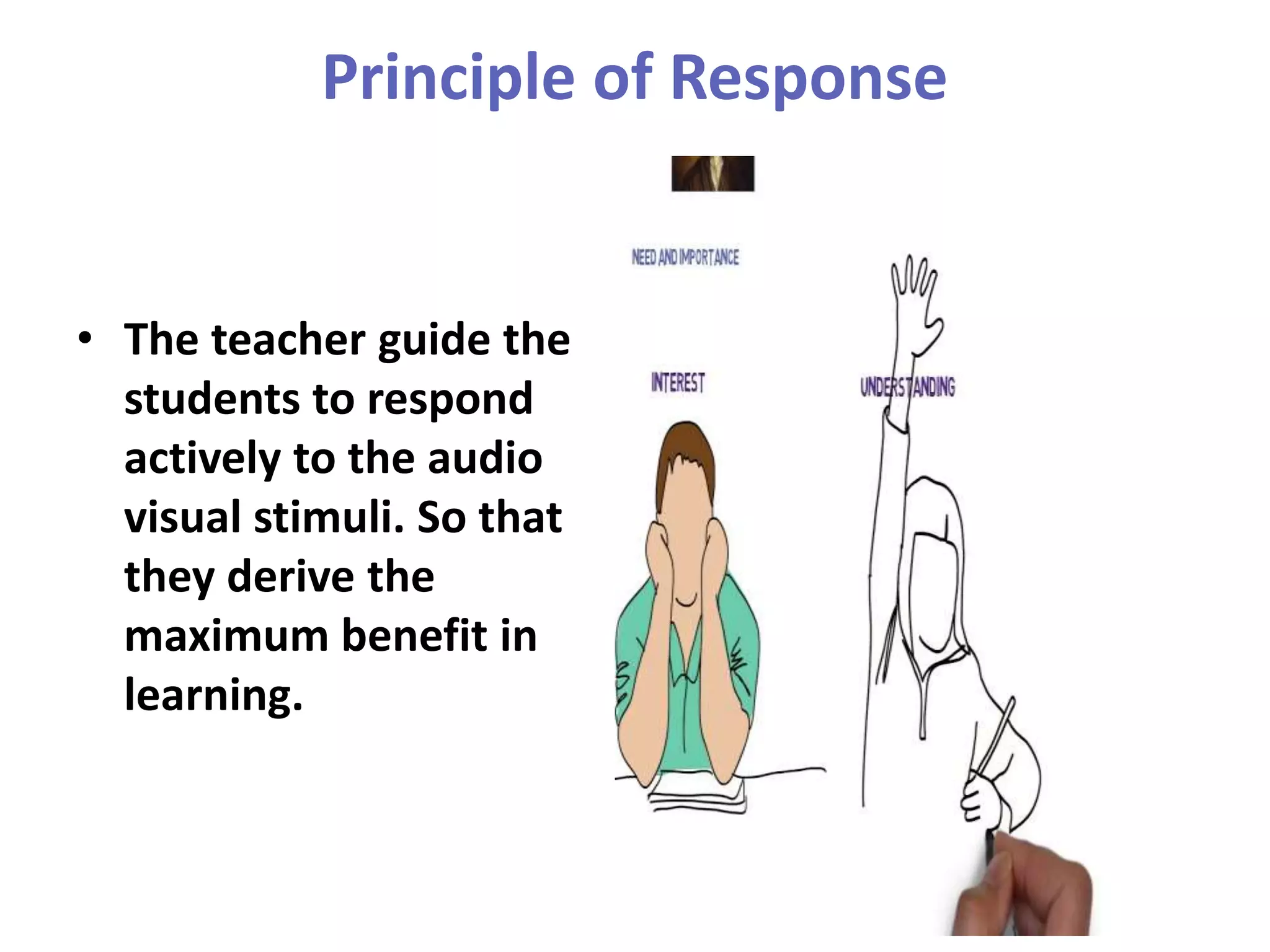 Principle of Response
• The teacher guide the
students to respond
actively to the audio
visual stimuli. So that
they derive the
maximum benefit in
learning.
 