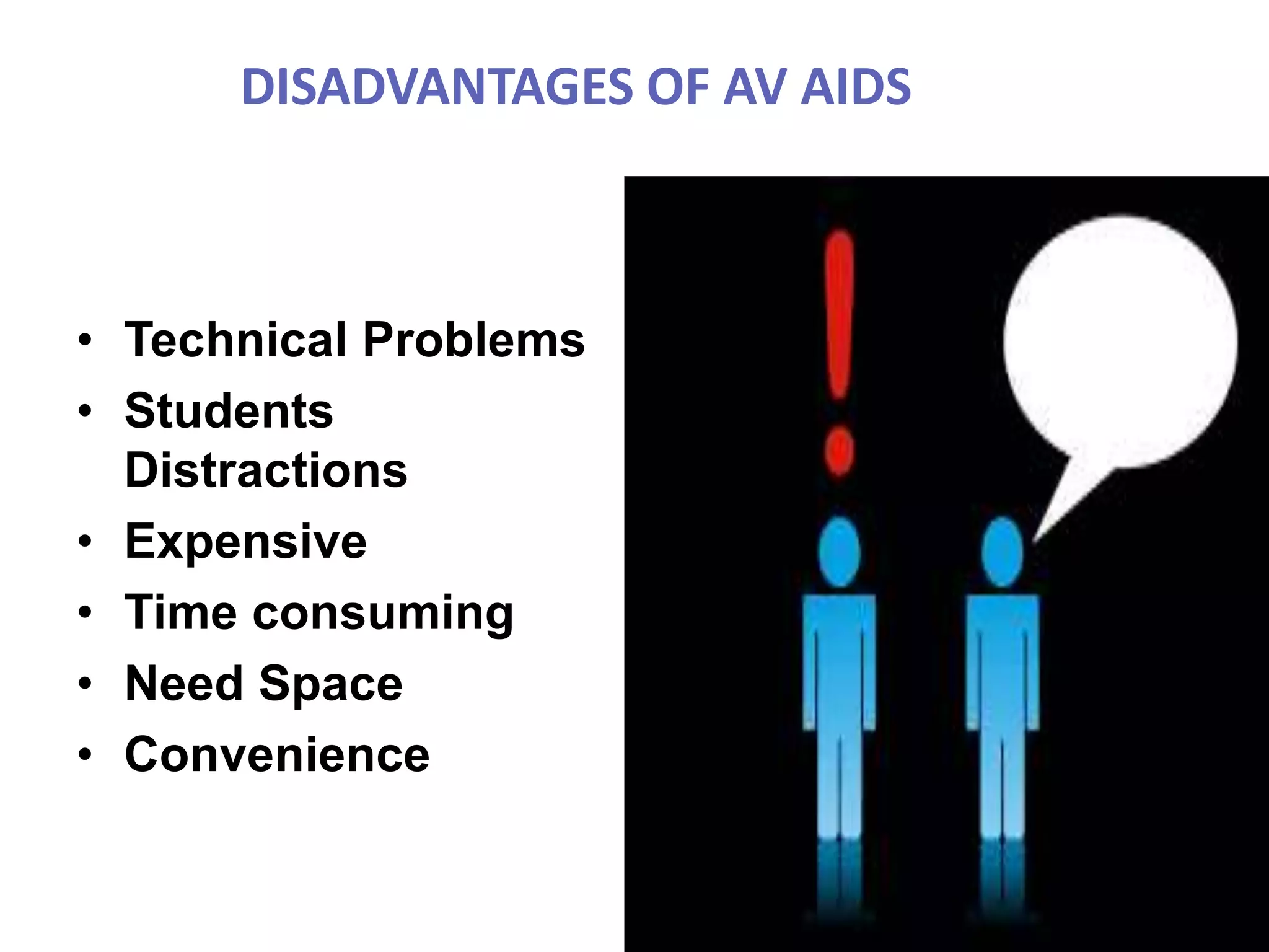 DISADVANTAGES OF AV AIDS
• Technical Problems
• Students
Distractions
• Expensive
• Time consuming
• Need Space
• Convenience
 