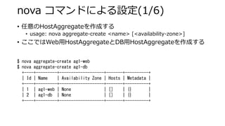 nova コマンドによる設定(1/6) 
• 
任意のHostAggregateを作成する 
• 
usage: nova aggregate-create <name> [<availability-zone>] 
• 
ここではWeb用HostAggregateとDB用HostAggregateを作成する 
$ nova aggregate-create ag1-web 
$ nova aggregate-create ag1-db 
+----+---------+-------------------+-------+----------+ 
| Id | Name | Availability Zone | Hosts | Metadata | 
+----+---------+-------------------+-------+----------+ 
| 1 | ag1-web | None | [] | {} | 
| 2 | ag1-db | None | [] | {} | 
+----+---------+-------------------+-------+----------+  