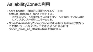 AailabilityZoneの利用 
• 
nova boot時、自動的に選択されるゾーンは default_schedule_zoneで指定する。 
• 
存在しないゾーンを指定しているまたはゾーンを指定していない場合 はインスタンス作成時にエラーとなる。 
• 
NovaのAvailabilityZoneとCinderのAvailabilityZoneが異なっ てもボリュームをアタッチできるようにするには cinder_cross_az_attach=trueを指定する  