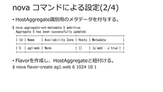 nova コマンドによる設定(2/4) 
• 
HostAggregate識別用のメタデータを付与する。 
• 
Flavorを作成し、HostAggregateと紐付ける。 
$ nova aggregate-set-metadata 5 web=true 
Aggregate 5 has been successfully updated. 
+----+---------+-------------------+-------+-------------------+ 
| Id | Name | Availability Zone | Hosts | Metadata | 
+----+---------+-------------------+-------+-------------------+ 
| 5 | ag1-web | None | [] | {u'web': u'true'} | 
+----+---------+-------------------+-------+-------------------+ 
$ nova flavor-create ag1.web 6 1024 10 1  