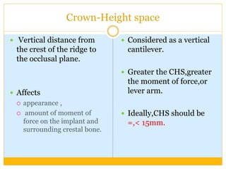 Crown-Height space
 Vertical distance from
the crest of the ridge to
the occlusal plane.
 Affects
 appearance ,
 amount of moment of
force on the implant and
surrounding crestal bone.
 Considered as a vertical
cantilever.
 Greater the CHS,greater
the moment of force,or
lever arm.
 Ideally,CHS should be
=,< 15mm.
 
