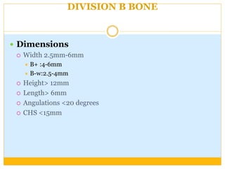 DIVISION B BONE
 Dimensions
 Width 2.5mm-6mm
 B+ :4-6mm
 B-w:2.5-4mm
 Height> 12mm
 Length> 6mm
 Angulations <20 degrees
 CHS <15mm
 